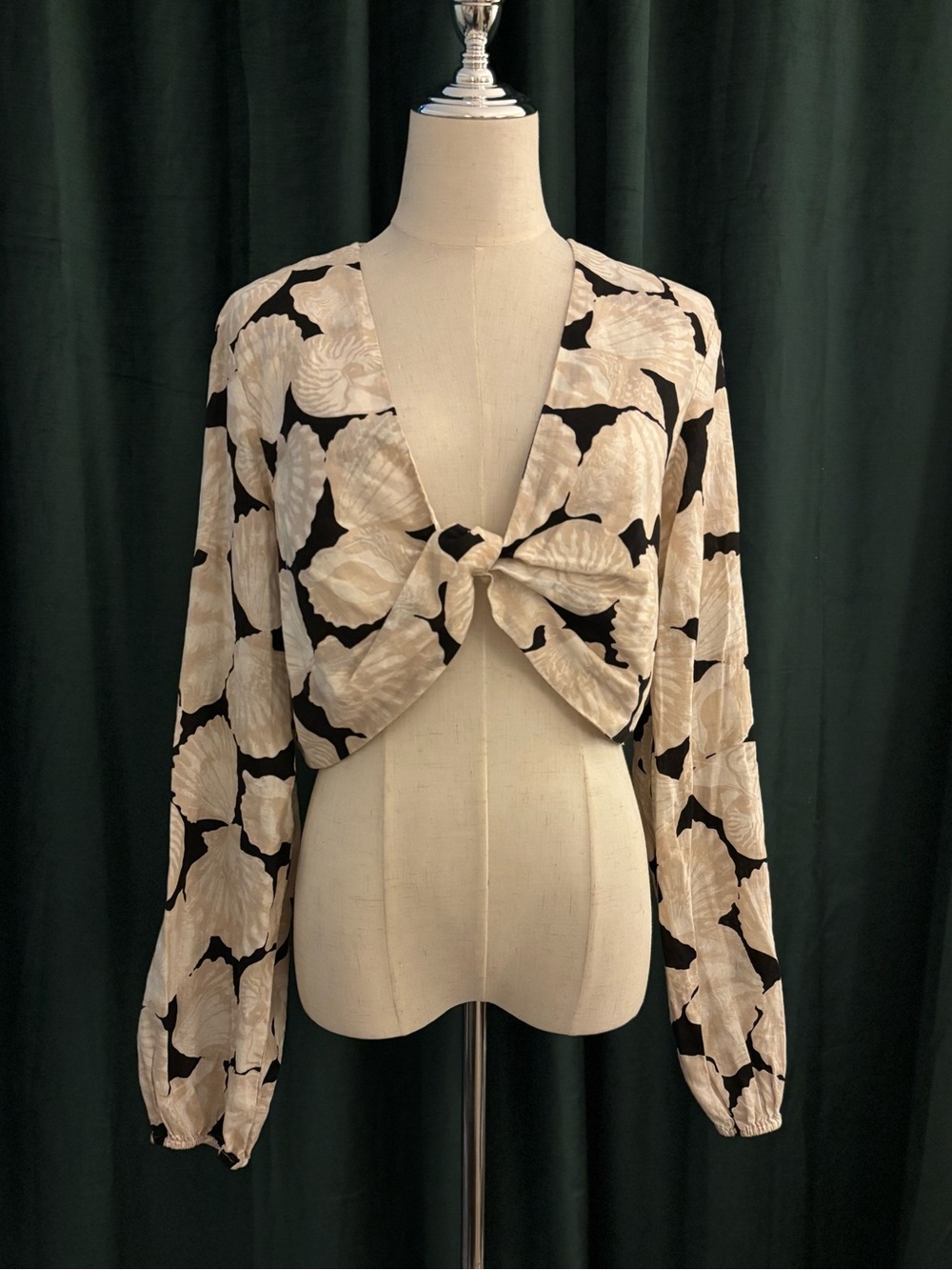 H&M Linen Black & Cream Tie-Front ShellCrop Top